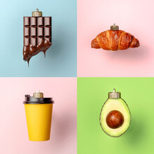 Christmas Decorations Of Chocolate, Avocado, Croissant And Coffee Cup