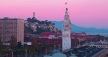Aerial Of Coit Tower, San Francisco Ferry Building & Embarcadero At Sunrise