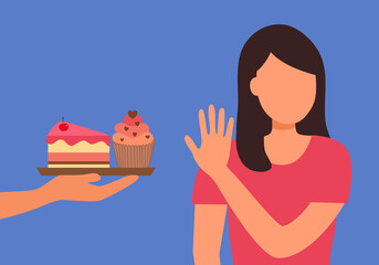 Woman refuse sweet dessert in flat design. Stop eating unhealthy sweet as cake, cupcake for a good health.