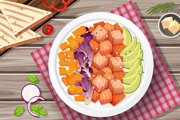 Wall Mural - Salmon salad with bread on the table