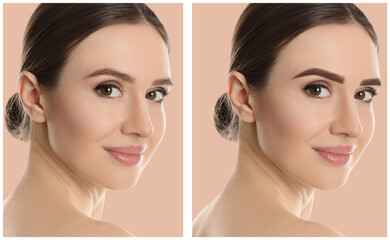 Poster - Beautiful young woman before and after permanent makeup on pink background, collage