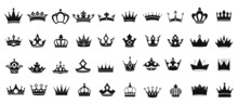 Crown Icons Set. King Crown Symbol Collection. Design Elements For Use In Logos, Emblems, Badges. King And Queen Crowns Collection.