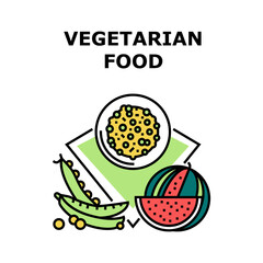 Wall Mural - Vegetarian Food Vector Icon Concept. Bio Vitamin Watermelon, Natural Peas And Porridge Freshness Dietary Vegetarian Food. Vegetable, Fruit, Berry And Dish Nutrition Color Illustration