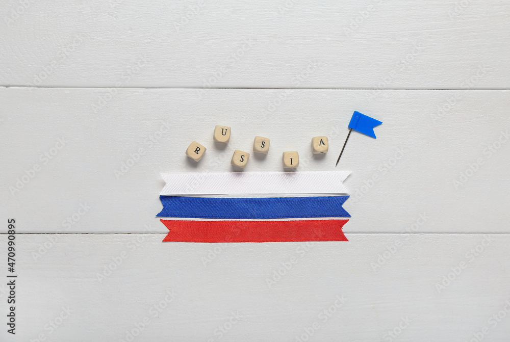 Russian flag concept. Word Russia on wooden cubes