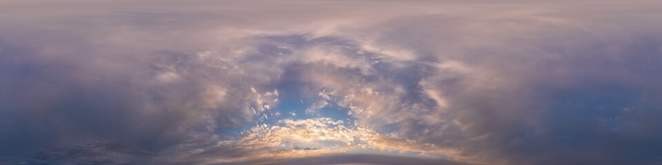 Wall Mural - overcast sky panorama on sunset with cumulus clouds in seamless spherical equirectangular format as 