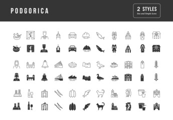 Poster - Podgorica. Collection of perfectly simple monochrome icons for web design, app, and the most modern projects. Universal pack of classical signs for category Countries and Cities.