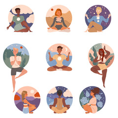 Relaxed people meditating in Lotus pose set. Man and woman practicing yoga and breathing exercise in nature cartoon vector illustration