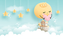 Full Moon Balloon With Baby Bear, Birthday Part, Baby Shower.