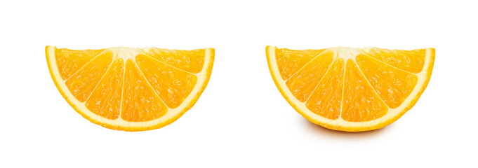 orange slice, clipping path isolated on white. two options fruit without shadow and fruit with shadow