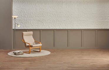 Wall Mural - Decorative chair is in front of the white brick and under classic brown wall background, parquet floor, lamp style.