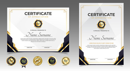 Black and gold certificate of appreciation border template with luxury badge and modern line and shapes. For award, business, and education needs. Diploma vector template