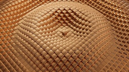 Abstract wave pattern animation in a circle motion from golden cubes. 3D render. Gold material background