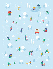 Wall Mural - Crowd of happy people in warm clothes in winter park. Winter outdoor activities background - skating, skiing, throwing snowballs, building snowman. Flat Vector design, fully editable. 