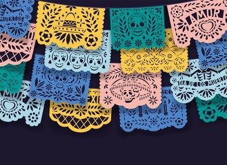 Wall Mural - Mexican papel picado, pecked paper laces hanging on string. Mexico decoration for Dia de los Muertos means Day of Dead. Colorful festive flags, hispanic ornament background. Flat vector illustration