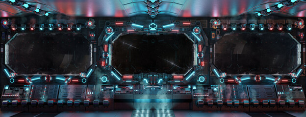dark spaceship interior with glowing blue and red lights. futuristic spacecraft with large window vi
