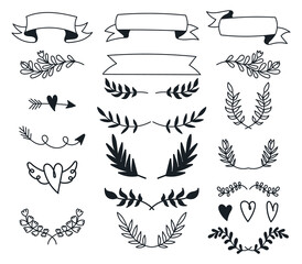 Set of doodle frames, ribbons and hearts, vegetable elements, branches with leaves. Black silhouettes, outline, contour. Isolated on white background. 