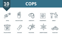 Cops Icon Set. Collection Of Simple Elements Such As The Pistol, Walkie-talkies, Handcuffs, Fingerprints, Sheriff's Badge, Stun Gun, Police Car.