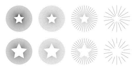 Wall Mural - Set of Vintage Circle Sunbursts in Different Shapes with Stars. Trendy Hand Drawn Round Retro Bursting Rays Design Element. Hipster Vector illustrations