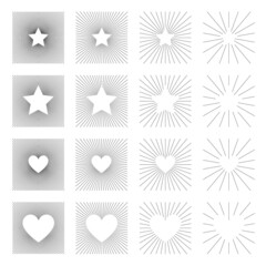 Wall Mural - Set of Vintage Square Sunbursts in Different Shapes. Trendy Hand Drawn Retro Bursting Rays Design Element. Hipster Vector illustrations