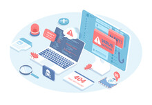 Cyberattack, Computer Viruses, Internet Phishing, Hacking. Errors Detected. Search And Find Bugs, Debugging Process. Vector Illustration In 3d Design. Isometric Web Banner.