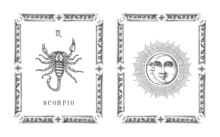 Scorpio Zodiac Symbol In Frame, Horoscope Card.