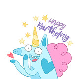 Fototapeta Pokój dzieciecy - Happy Birthday. Lettering holiday poster. Celebratory card. Cute unicorn - crazy cartoon character. Isolated vector object on white background. Stars print. 