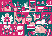 Festive Illustration In Trendy Flat Style. A Composition Of New Year's Attributes: A Decorated Tree, Toys, An Angel, Sweets, Lights. Illustration For Social Networks, Posters, Postcards.