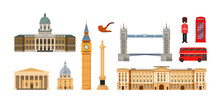 England British UK Traditional Set. Great Britain Ethnic Cultural Elements Big Ben, Trafalgar Square