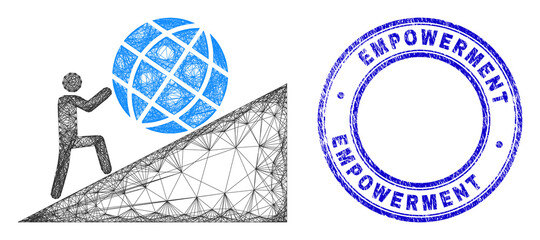 Canvas Print - Network irregular mesh man rolling globe up icon, and Empowerment dirty round seal. Abstract lines form man rolling globe up picture. Blue stamp seal has Empowerment tag inside round form.