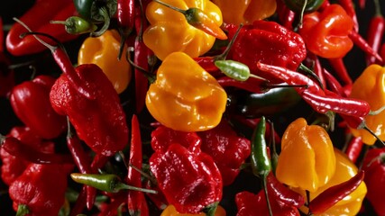 Poster - Super slow motion of flying various kinds of chilli peppers. Studio shot, clear background. Filmed on high speed cinema camera, 1000 fps.