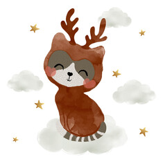 Wall Mural - Cute cat in deer suit, christmas theme, beautiful hand drawings for kids prints, wallpapers, greeting cards.