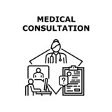 Fototapeta  - Medical Consultation Vector Icon Concept. Remote Online And Medical Consultation In Hospital Cabinet. Patient Video Call To Doctor For Examining Health And Prescription For Buy Pill Black Illustration