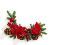 Christmas Decoration. Frame Of Flowers Of Red Poinsettia, Branch Christmas Tree, Red Berries And Cones On White Background With Space For Text. Top View, Flat Lay