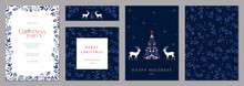 Corporate Holiday Cards With Ornate Christmas Tree, Reindeers, Bird, Decorative Floral Frames, Background And Copy Space. Universal Artistic Templates.