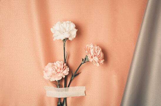 Creative still life with a bunch of carnations on a shiny pink fabric background. Copy space