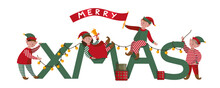Funny Cartoon Elves With Gifts. Little People. Santa's Helpers Vector Illustration. Merry Christmas Banner