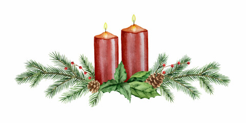 Watercolor vector Christmas card with red candles and fir branches.