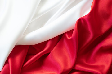 White and red silk background. Top view. Minimal. Current. Copy space. Holiday Background Valentine's Day Christmas