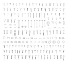 Collection Of Perfectly Linear Icons Of Fasteners And Screws.