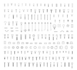 Collection of perfectly linear icons of fasteners and screws.