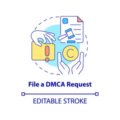 File DMCA request concept icon. Content protection abstract idea thin line illustration. Pirated materials takedown process. Legal liability. Vector isolated outline color drawing. Editable stroke