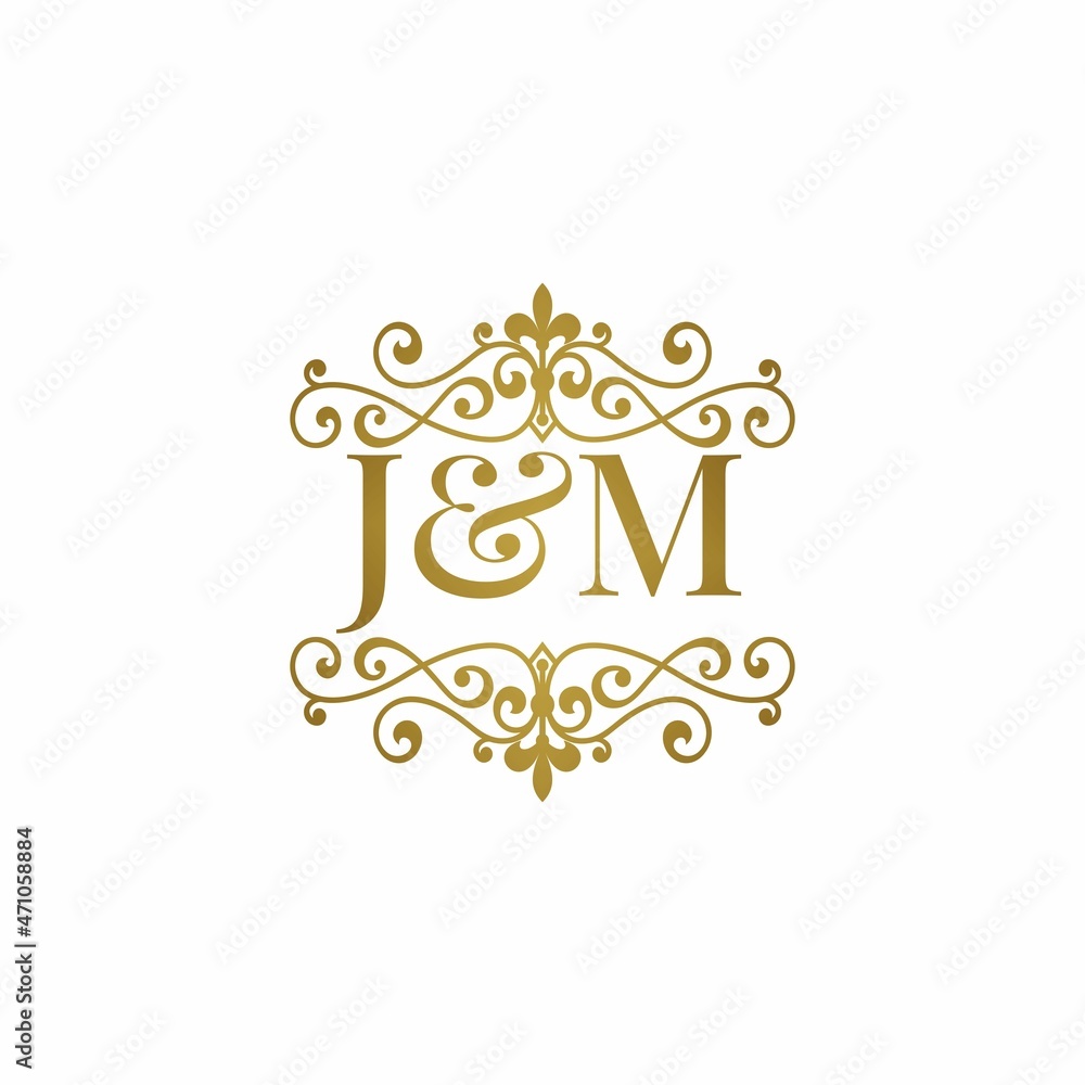 J&M initials logo ornament gold. Letter JM wedding ampersand or 