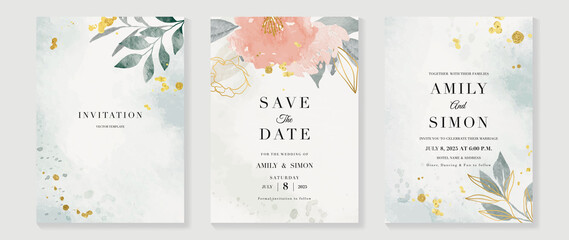 Luxury wedding invitation card background  with golden line art flower and botanical leaves, Organic shapes, Watercolor. Abstract art background vector design for wedding and vip cover template.