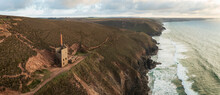 Aerial View Of Wheal Coates An Old Disused Factory Along The Coast Near St Agnes, Cornwall, United Kingdom.