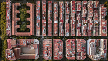 Aerial View Of A Residential Area In Barceloneta District Of Barcelona Along The Beach, Spain.