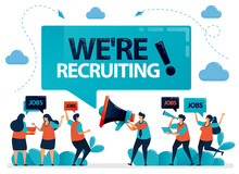 Publicist Holds A Megaphone And Announces We're Hiring. Job Seekers Applying For Jobs. Employment Opening, Recruitment Agencies Ads. Vector Illustration For Business Card, Banner, Brochure, Flyer