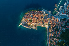 Aerial Top Down View Of Korcula, A Beautiful Small Town Along The Coast Facing The Adriatic Sea Near Dubrovnik, Croatia.