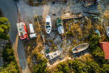 Aerial View Of A Few Shipwrecks In A Yard In Lastovo, Dubrovnik Province, Croatia.