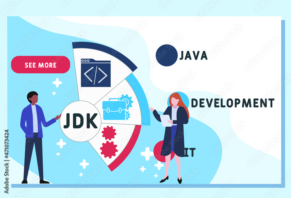 JDK - Java Development Kit acronym. business concept background.  vector illustration concept with keywords and icons. lettering illustration with icons for web banner, flyer, landing 