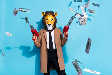 Sticker - Photo of weird anonym guy lion mask shoot pistol earnings profit money freak crazy character isolated over blue color background